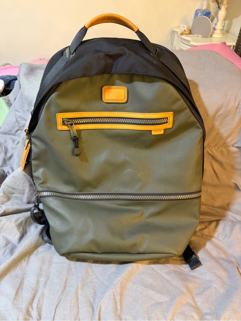 Tumi Olive Green Backpack with Tan Accents